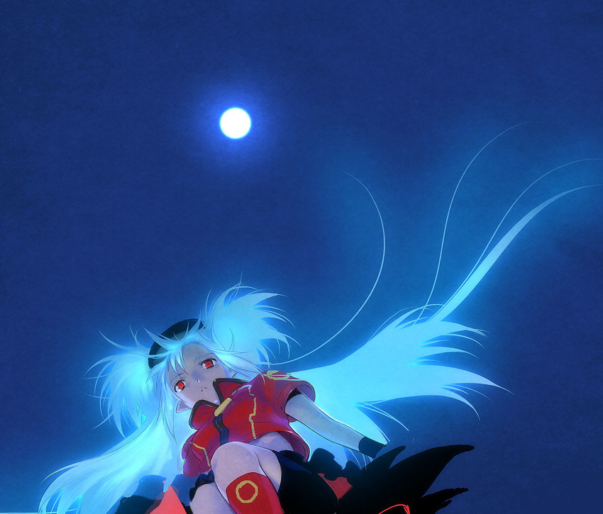 akio_(mememe) bad_id bad_pixiv_id from_below full_moon glowing glowing_hair karas long_hair moon night red_eyes solo yurine_(karas)