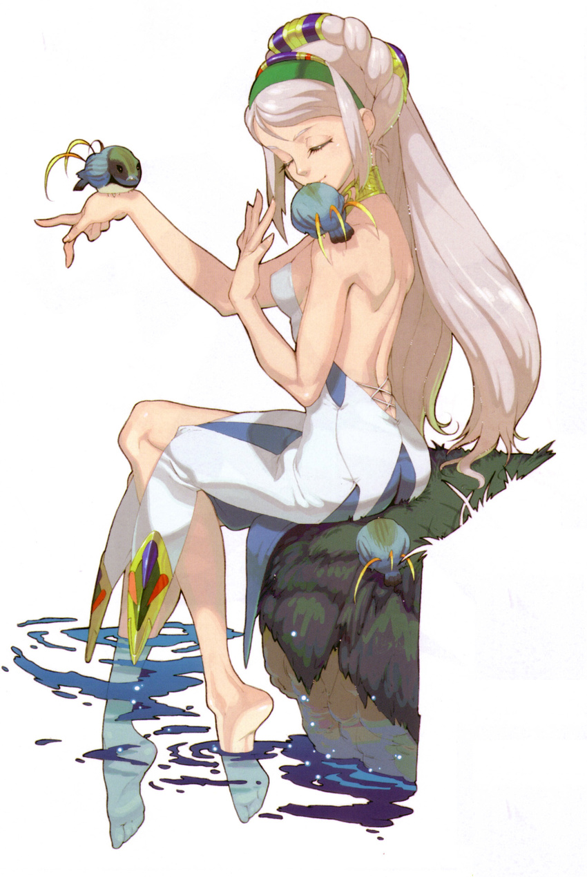 animal animal_on_shoulder avril_vent_fleur backless_dress backless_outfit bare_back bare_shoulders barefoot bird bird_on_hand bird_on_shoulder closed_eyes dress feet fingernails fujimoto_hideaki full_body green_hairband hairband hands highres official_art sitting soaking_feet solo water white_background wild_arms wild_arms_5