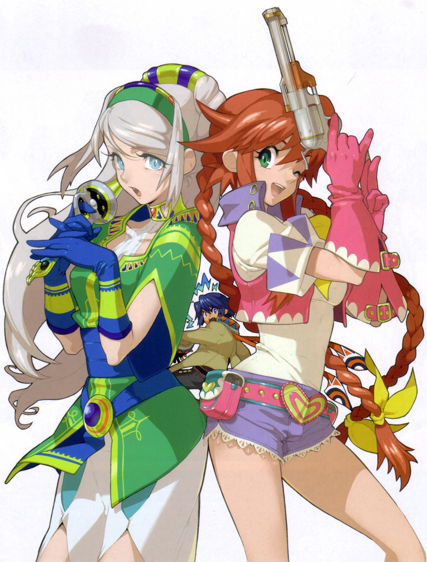 2girls ;) absurdres aqua_hairband artbook avril_vent_fleur back-to-back belt blonde_hair blue_eyes blue_hair blue_shorts braid brooch brown_jacket choker concept_art cowboy_shot dean_stark dress elbow_gloves fujimoto_hideaki gloves green_dress green_eyes gun hairband handgun heart highres holding holding_gun holding_sword holding_weapon jacket jewelry long_hair long_sleeves looking_back multiple_girls official_art one_eye_closed open_mouth pink_gloves pink_vest rebecca_streisand red_hair shirt short_sleeves shorts simple_background smile surprised sword taut_clothes taut_shorts twin_braids very_long_hair vest weapon white_background white_shirt wild_arms wild_arms_5
