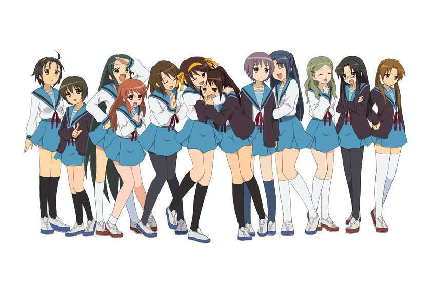 ahoge asahina_mikuru asakura_ryouko bad_id bad_pixiv_id blue_hair blue_sailor_collar brown_hair cardigan computer_club_president everyone full_body genderswap genderswap_(mtf) glasses green_hair hair_ornament highres kimidori_emiri kita_high_school_uniform kneehighs koizumi_itsuki koizumi_itsuki_(female) kunikida kyon kyonko long_hair multiple_girls nagato_yuki open_mouth pantyhose ponytail sailor_collar school_uniform serafuku skirt smile socks student_council_president student_council_president_(female) suzumiya_haruhi suzumiya_haruhi_no_yuuutsu taniguchi thighhighs tsuruya very_long_hair yuuya_(musaishoku)