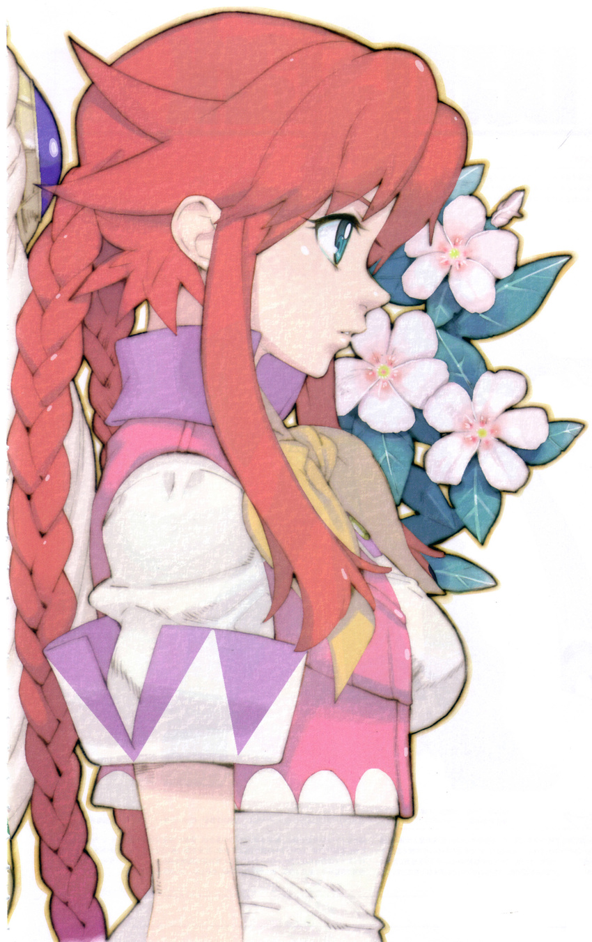 absurdres blue_eyes braid flower fujimoto_hideaki highres official_art pink_vest profile rebecca_streisand red_hair scan scan_artifacts solo twin_braids vest white_background wild_arms wild_arms_5