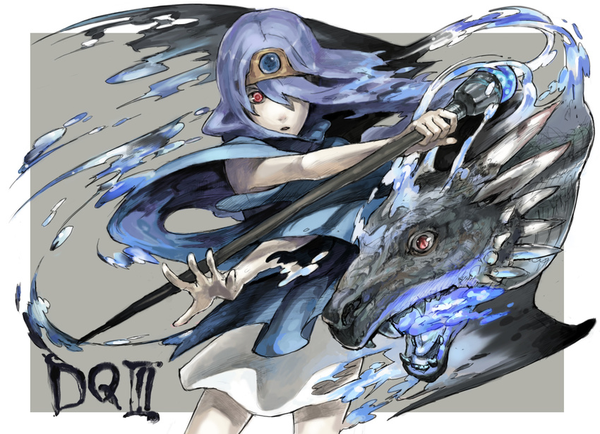 bad_id bad_pixiv_id bare_arms blue_hair border circlet cloak copyright_name cowboy_shot crossed_arms dissolving dissolving_clothes dragon dragon_quest dragon_quest_iii empty_eyes floating_hair forehead_protector grey_background holding holding_staff liquid long_hair looking_at_viewer magic nishihara_isao one_eye_covered open_hand outside_border outstretched_arms parted_lips purple_hair red_eyes robe sage_(dq3) solo spread_fingers staff white_border