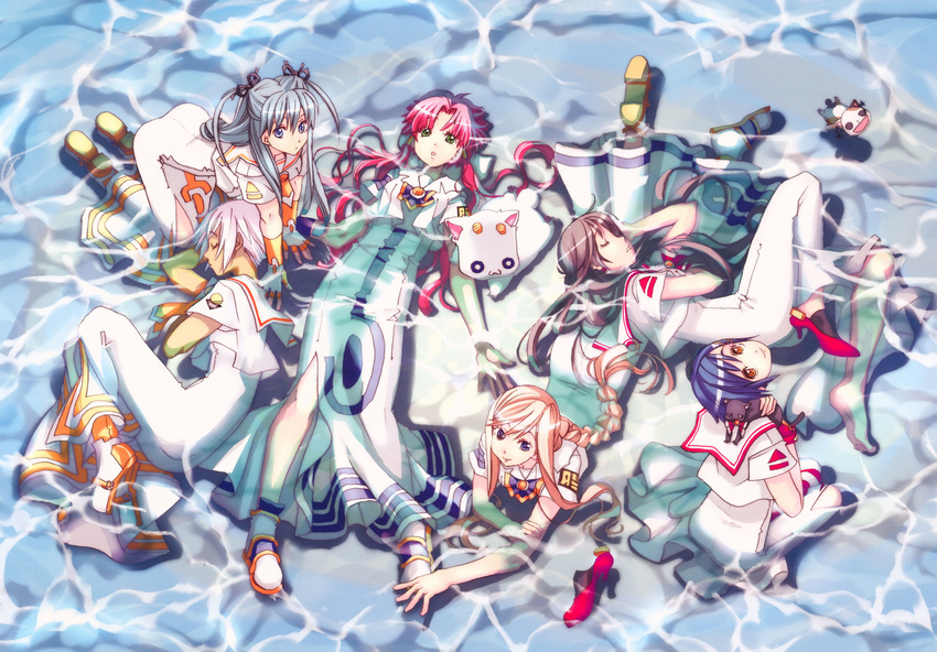 absurdres aika_granzchesta akira_ferrari alice_carroll alicia_florence amano_kozue aria aria_pokoteng athena_glory barefoot black_cat cat caustics dress everyone highres hime_granzchesta mizunashi_akari multiple_girls president_maa shoes single_shoe water wet wet_clothes