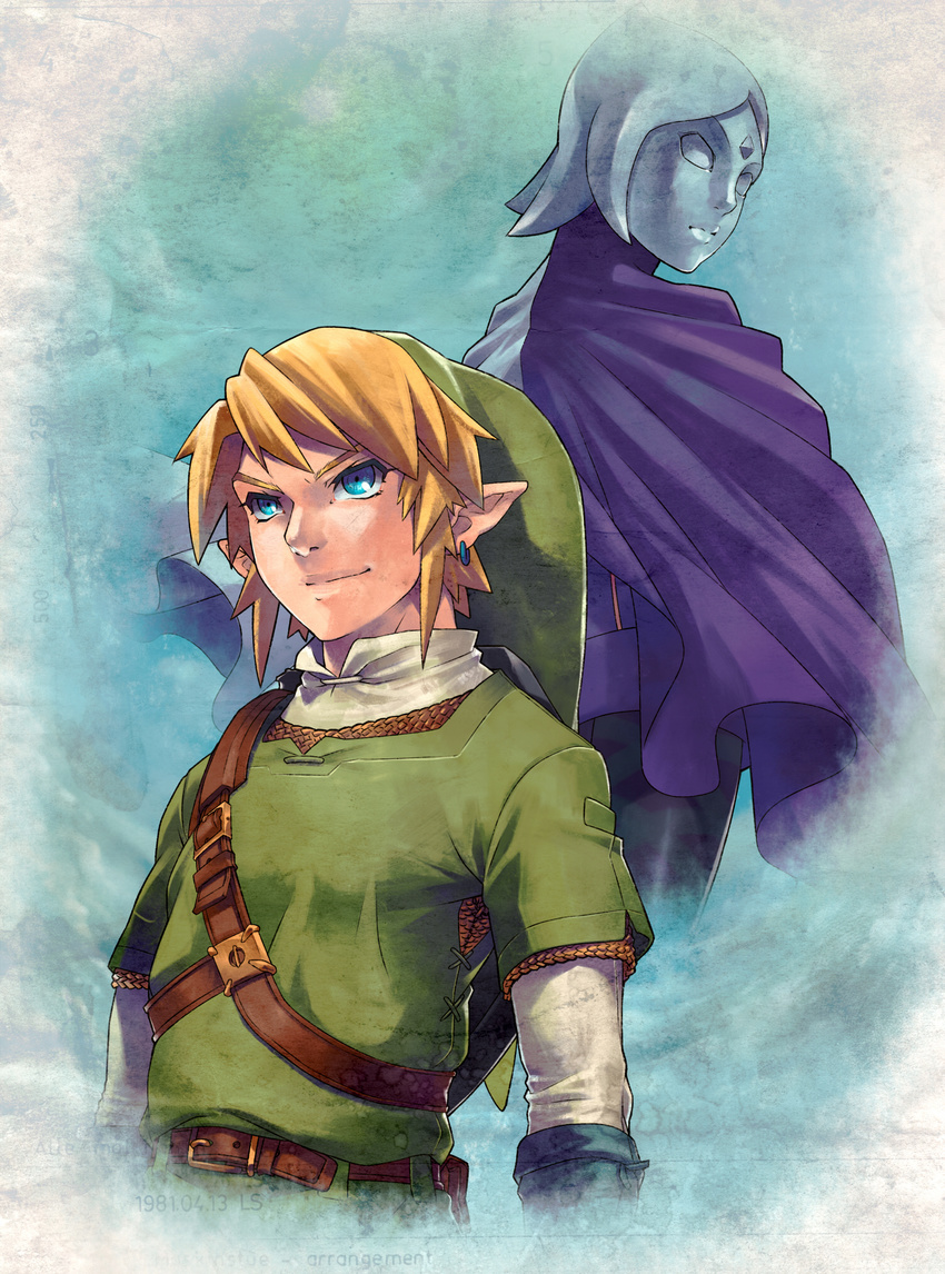 1girl 92kuni92 back-to-back bad_id bad_pixiv_id belt blonde_hair blue_eyes blue_hair cape earrings fi hat highres jewelry link looking_back pointy_ears smile the_legend_of_zelda the_legend_of_zelda:_skyward_sword