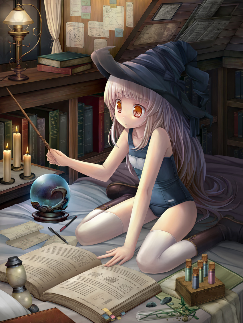 absurdres bare_shoulders bed book bookmark bookshelf boots candle collarbone crystal_ball grimoire hat highres holding lamp long_hair magic_research namaru_(summer_dandy) name_tag old_school_swimsuit one-piece_swimsuit open_book original paper pen room school_swimsuit silver_hair sitting solo stone swimsuit thighhighs vial wand wariza white_legwear witch_hat yellow_eyes