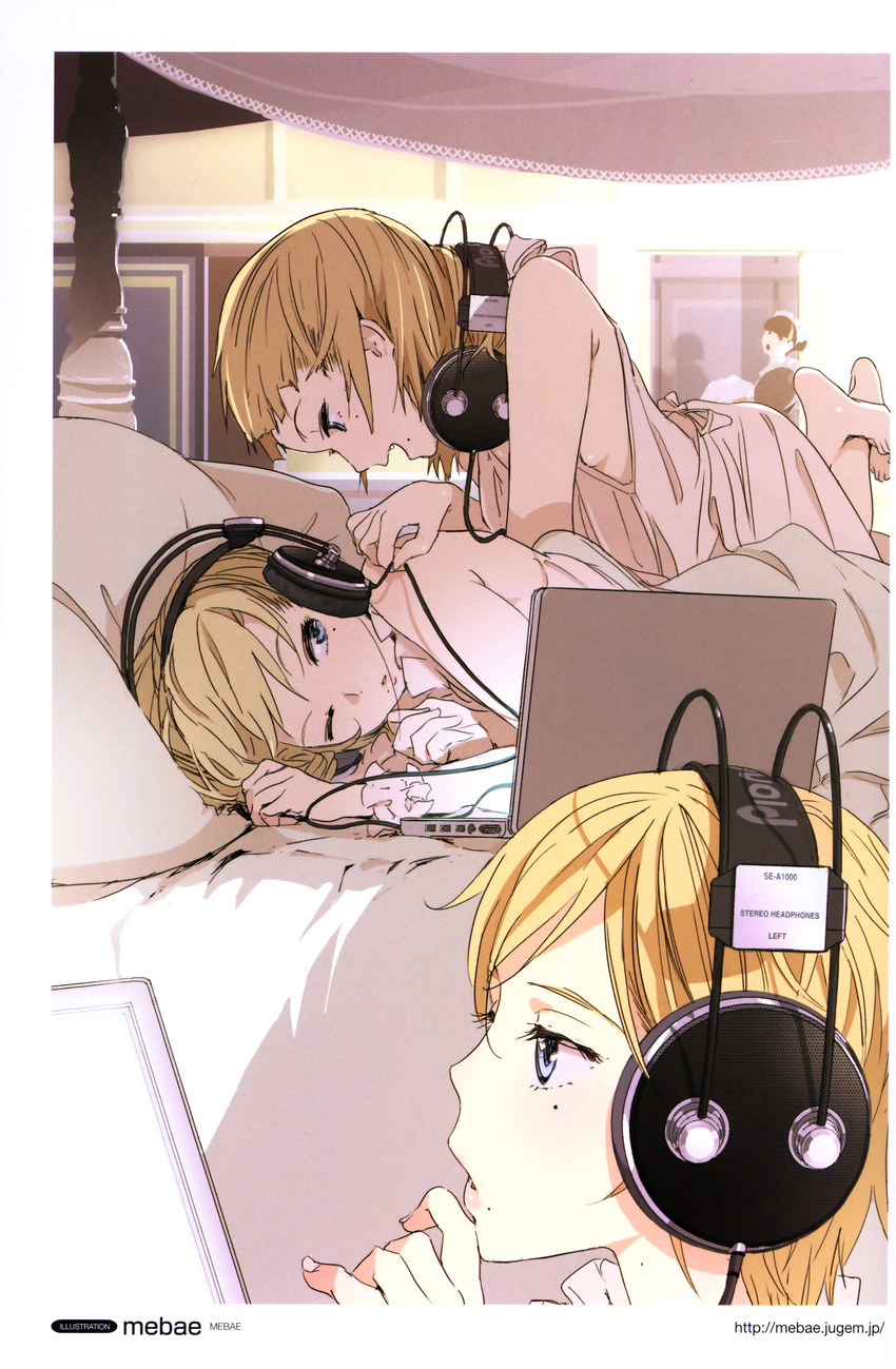 absurdres bed blonde_hair blue_eyes computer headphones highres laptop lips listening_to_music maid mebae mole multiple_girls nightgown original pioneer product_placement siblings sisters triplets