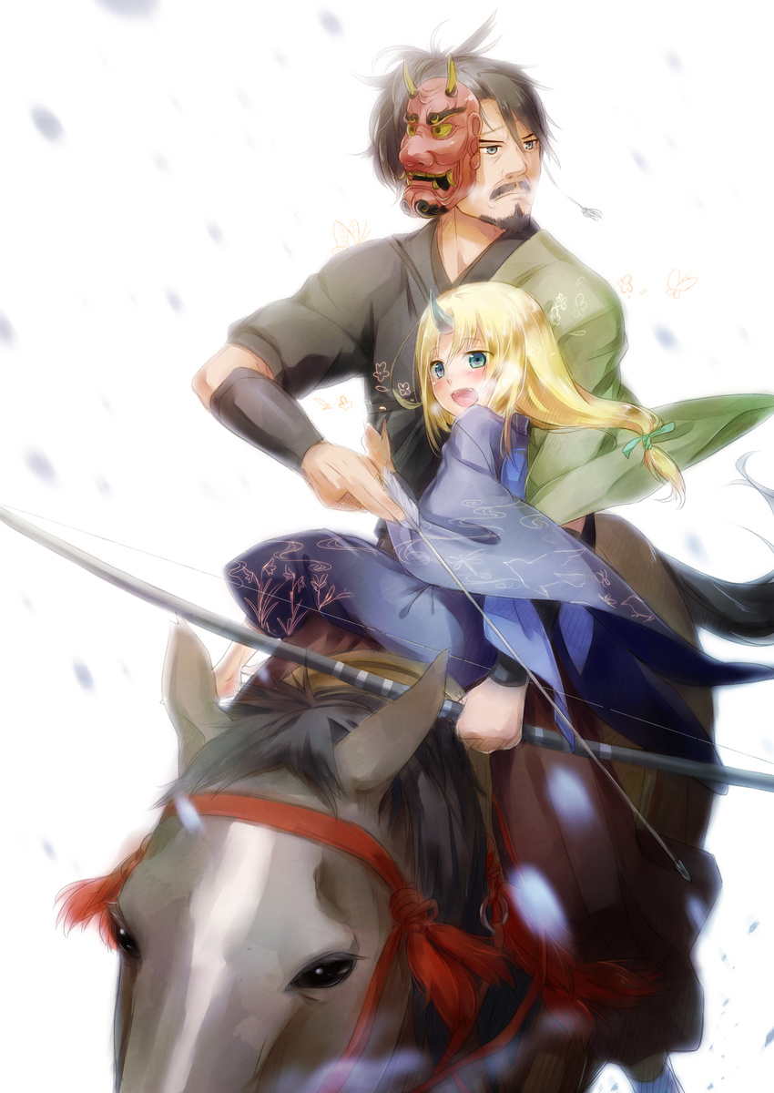 1girl absurdres archery arrow backlighting bad_id bad_pixiv_id blonde_hair blue_eyes bow_(weapon) facial_hair goatee grey_eyes hair_tie hannya highres horn horse horseback_riding hug igote japanese_clothes long_hair looking_away mask multiple_riders mustache nekotama_(artist) oni open_mouth original riding sidesaddle simple_background sitting tied_hair weapon wide_sleeves