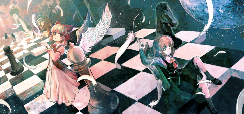 angel_wings black_legwear blonde_hair board_game bow checkered checkered_floor chess chess_piece chessboard ex-rumia feathers gengetsu hair_bow highres landmark mary_janes moon multiple_girls night night_sky organ_derwald red_bow rumia shoes short_hair sitting sky statue_of_liberty sword touhou touhou_(pc-98) weapon wings