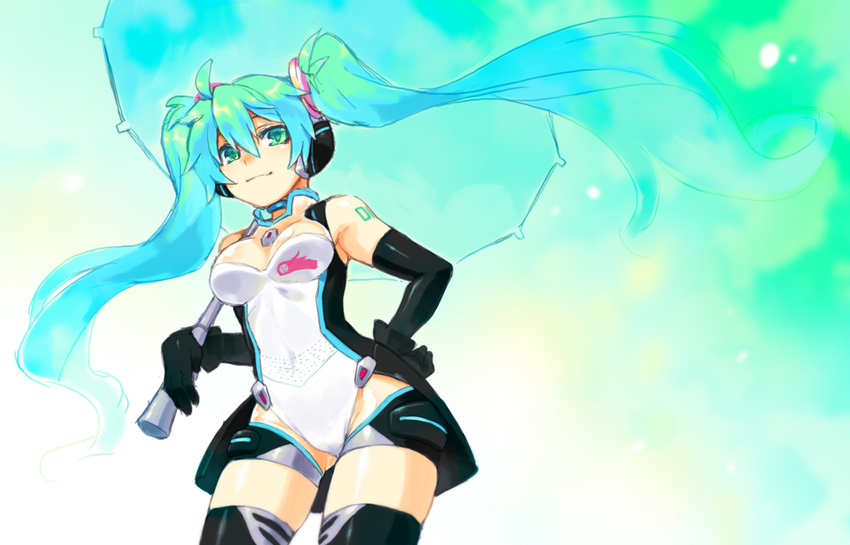 aqua_eyes aqua_hair elbow_gloves gloves goodsmile_company goodsmile_racing hatsune_miku headphones race_queen racing_miku racing_miku_(2011) shigehiro_(hiroi_heya) solo thighhighs twintails umbrella vocaloid