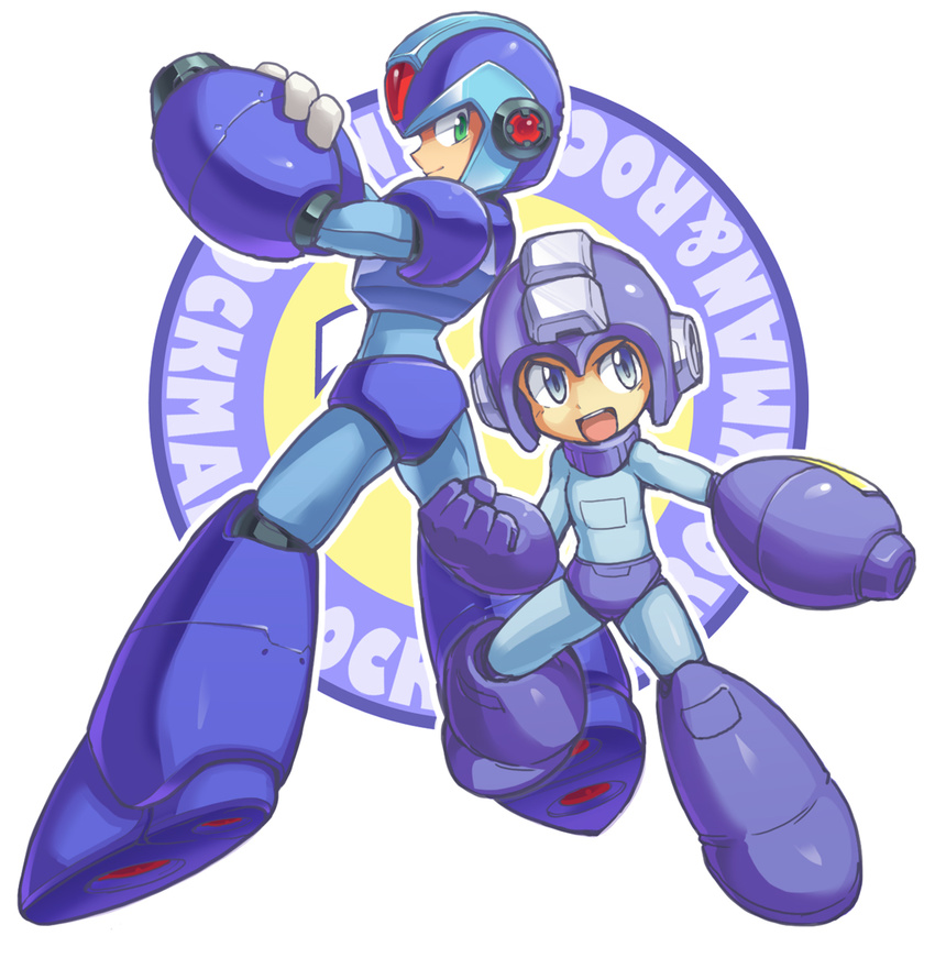 arm_cannon armor blue_eyes full_armor helmet looking_back male_focus multiple_boys open_mouth rockman rockman_(character) rockman_(classic) rockman_x smile weapon x_(rockman) yuusuke_(5yusuke3)