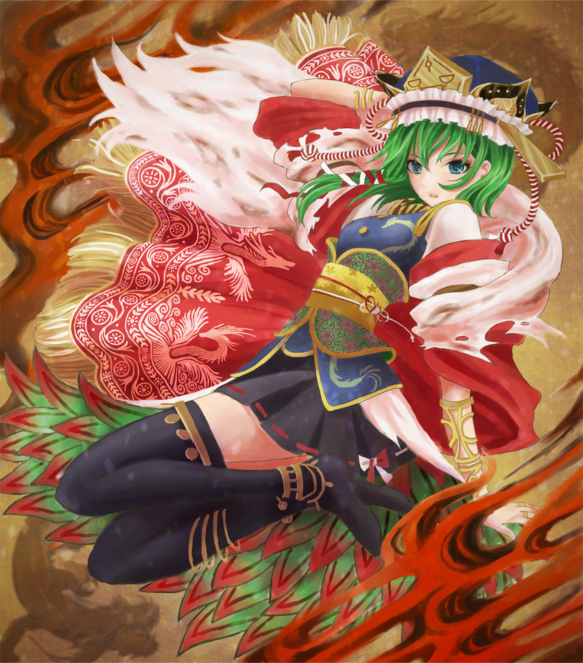 adapted_costume asymmetrical_hair bad_id bad_pixiv_id black_legwear blue_eyes bracelet buttons dragon embellished_costume green_hair hand_on_own_head hat highres jewelry looking_at_viewer obi open_mouth patterned ribbon ring sash shiki_eiki short_hair skirt solo thighhighs touhou urabe_michiru