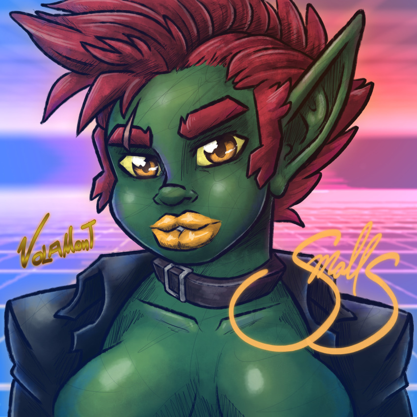 biggy bust_(disambiguation) cyberpunk digital_media_(artwork) female goblin green_skin hair humanoid lusious_lips red_hair solo volamont