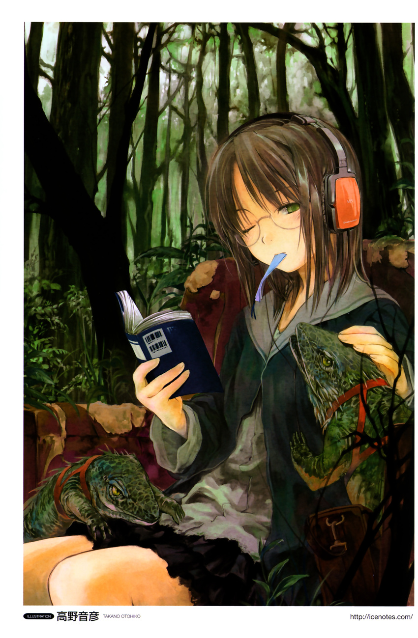 absurdres armchair audio-technica book brown_hair chair forest glasses green_eyes headphones highres lizard mouth_hold nature one_eye_closed original petting reading scan solo takano_otohiko