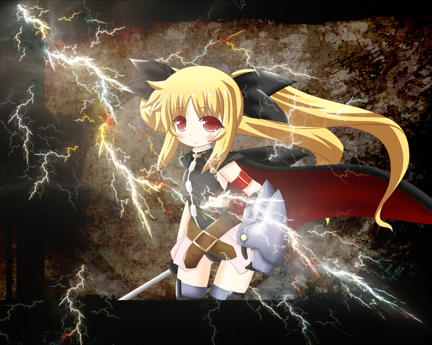 arm_belt armband bad_id bad_pixiv_id belt blonde_hair cape cocozasa fate_testarossa gauntlets gloves hair_ribbon highres lightning long_hair lyrical_nanoha magical_girl mahou_shoujo_lyrical_nanoha mahou_shoujo_lyrical_nanoha_a's mahou_shoujo_lyrical_nanoha_the_movie_2nd_a's miniskirt red_eyes ribbon single_gauntlet skirt smile thighhighs twintails