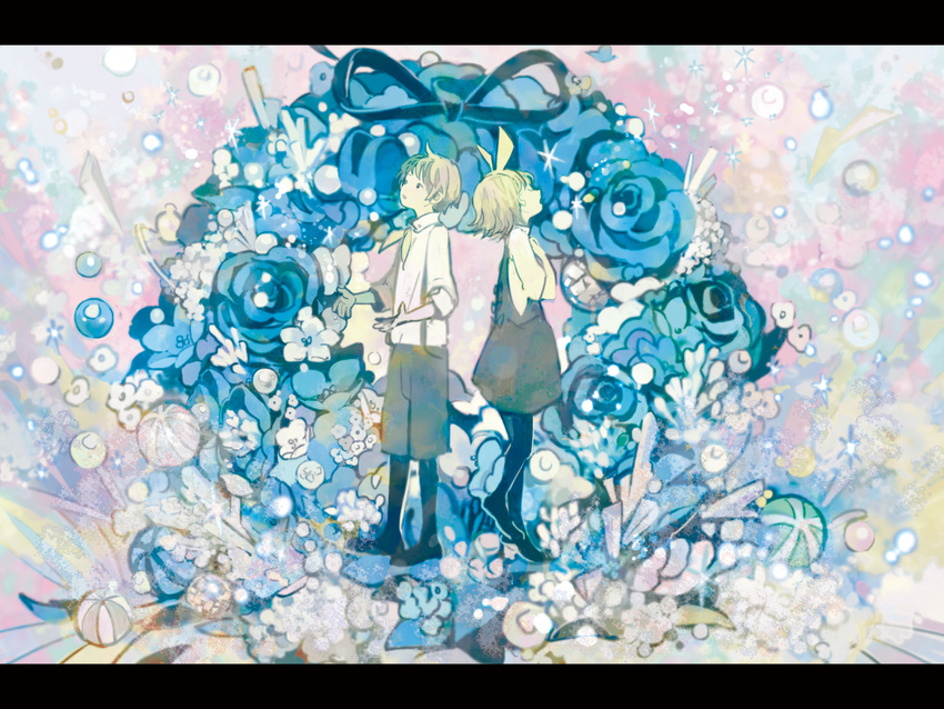 1girl 24_(24phage) ball black_eyes black_legwear blonde_hair blue_flower blue_rose bow brother_and_sister closed_eyes dress flower hair_bow hands_on_own_chest kagamine_len kagamine_rin letterboxed open_mouth pantyhose rose short_dress short_hair shorts siblings sleeves_folded_up sparkle standing suspenders twins vocaloid