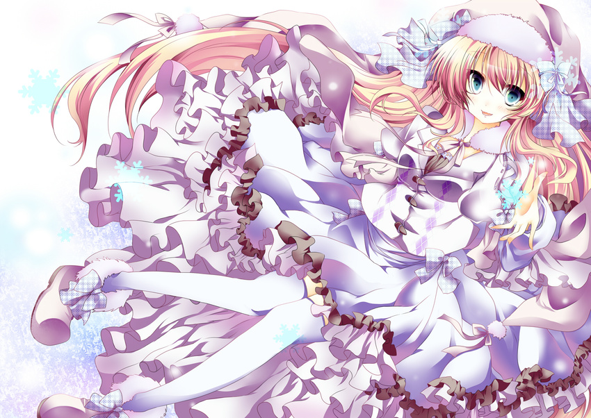 arm_up blonde_hair blouse blue_eyes blue_ribbon frilled_skirt frills hat hat_ribbon highres knees_touching long_hair long_sleeves looking_at_viewer open_hand open_mouth original ribbon shoes skirt smile snowflakes solo thighhighs umino_mizu very_long_hair white_legwear