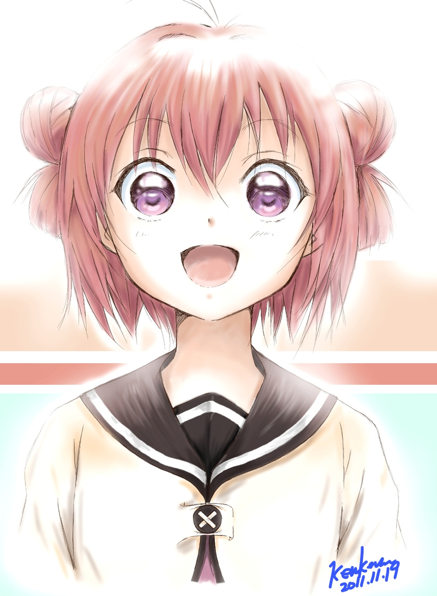 2011 akaza_akari dated double_bun face highres kem_kem looking_at_viewer open_mouth purple_eyes red_hair short_hair signature solo yuru_yuri