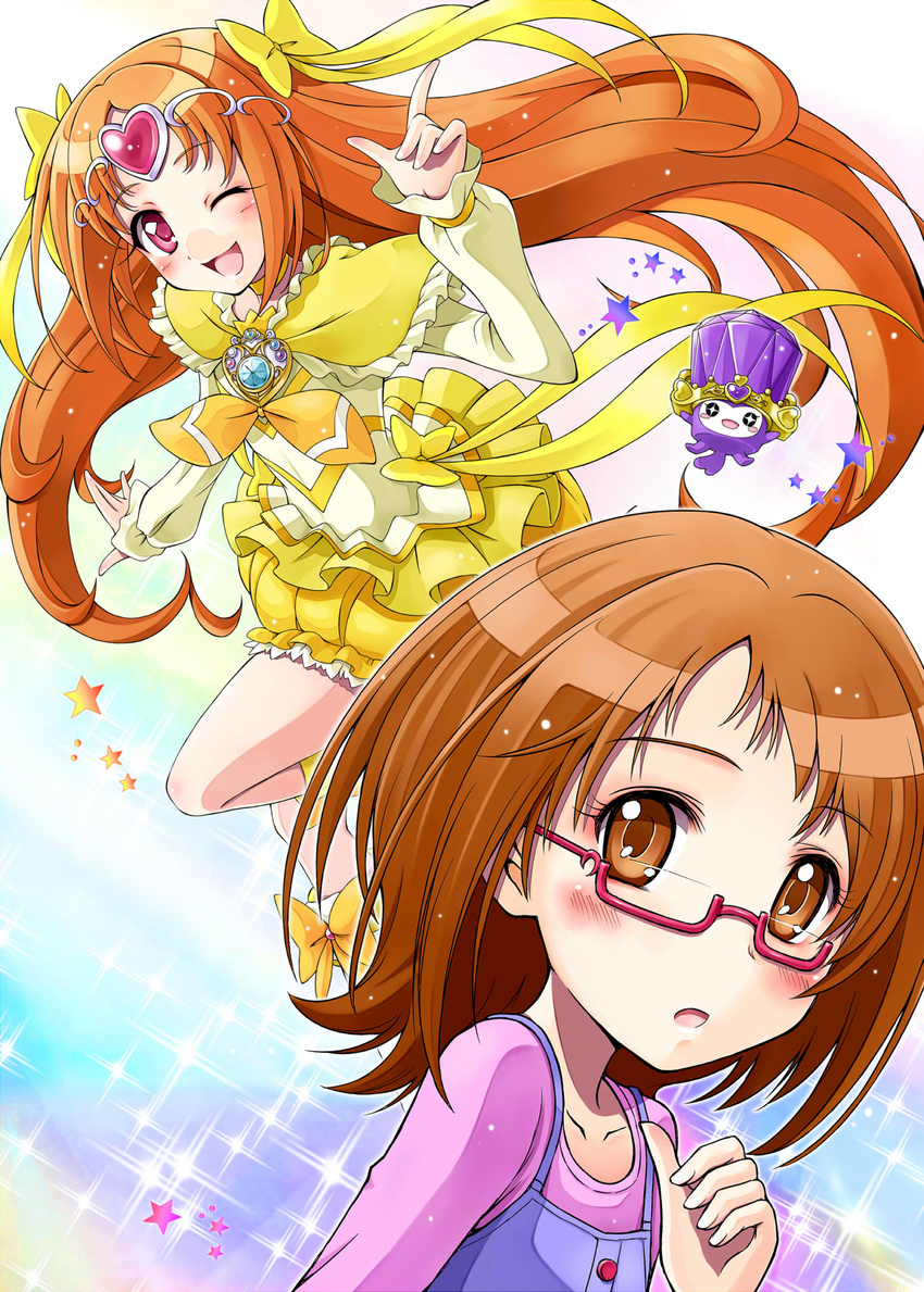 ;d boots bow brown_eyes brown_hair bubble_skirt choker circlet cure_muse_(yellow) dodory dual_persona eyelashes fairy_tone frills glasses hair_ribbon happy heart highres long_hair magical_girl one_eye_closed open_mouth orange_hair pink-framed_eyewear pink_eyes precure ribbon satogo shirabe_ako short_hair skirt smile suite_precure yellow_bow yellow_choker yellow_skirt