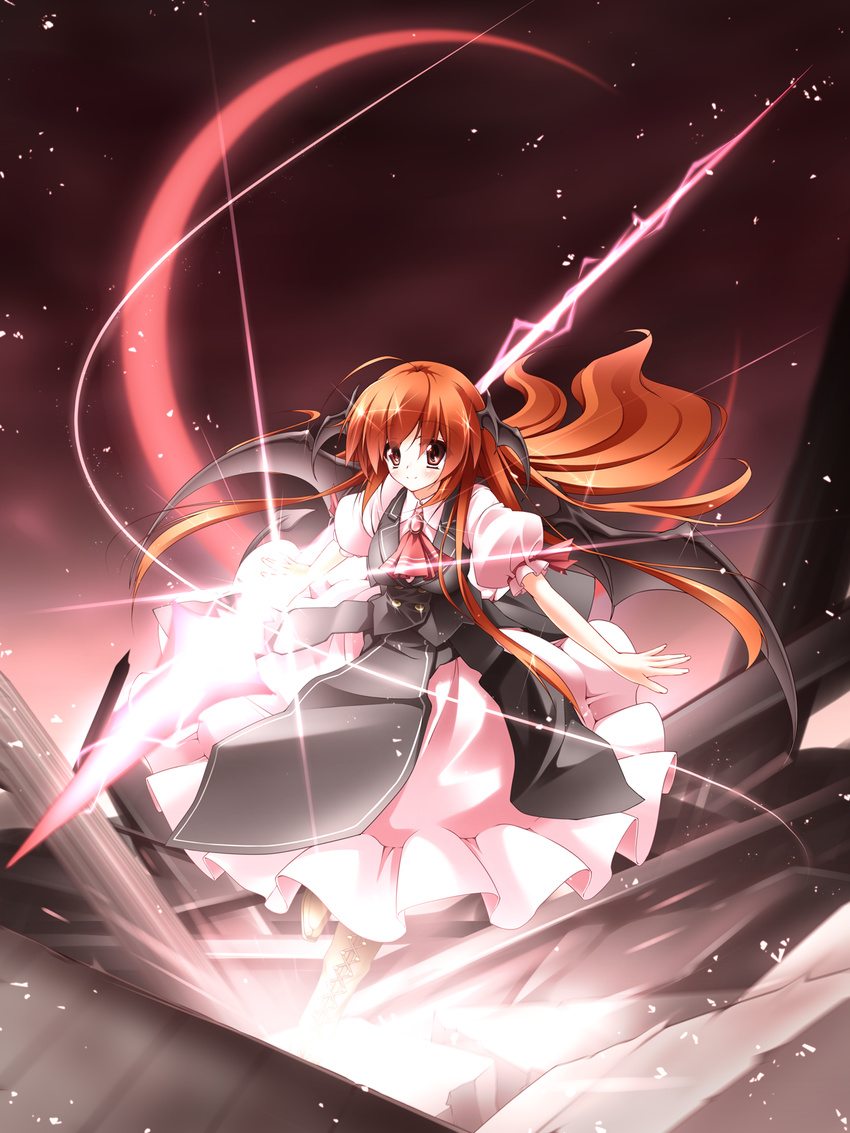 adapted_costume ascot bat_wings blush boots breasts buttons crescent_moon cross-laced_footwear dress embellished_costume head_wings highres koakuma lens_flare long_hair magic medium_breasts midoriiro_no_shinzou moon night night_sky polearm puffy_sleeves red_eyes red_hair red_moon sky smile solo spear spear_the_gungnir touhou very_long_hair vest weapon wings