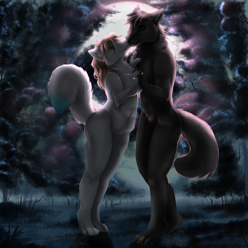 canine couple female kissing male nude outside romantic standing straight tassy wolf