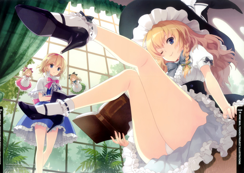 absurdres alice_margatroid an2a arm_support bare_legs blonde_hair blue_eyes bobby_socks book bow braid capelet curtains day doll dress hat high_heels highres image_sample kirisame_marisa knees_together_feet_apart legs legs_up long_hair looking_at_viewer multiple_girls o_o one_eye_closed open_book panties pantyshot pantyshot_(sitting) shanghai_doll shoes short_hair sitting smile socks touhou underwear white_panties window witch_hat yandere_sample