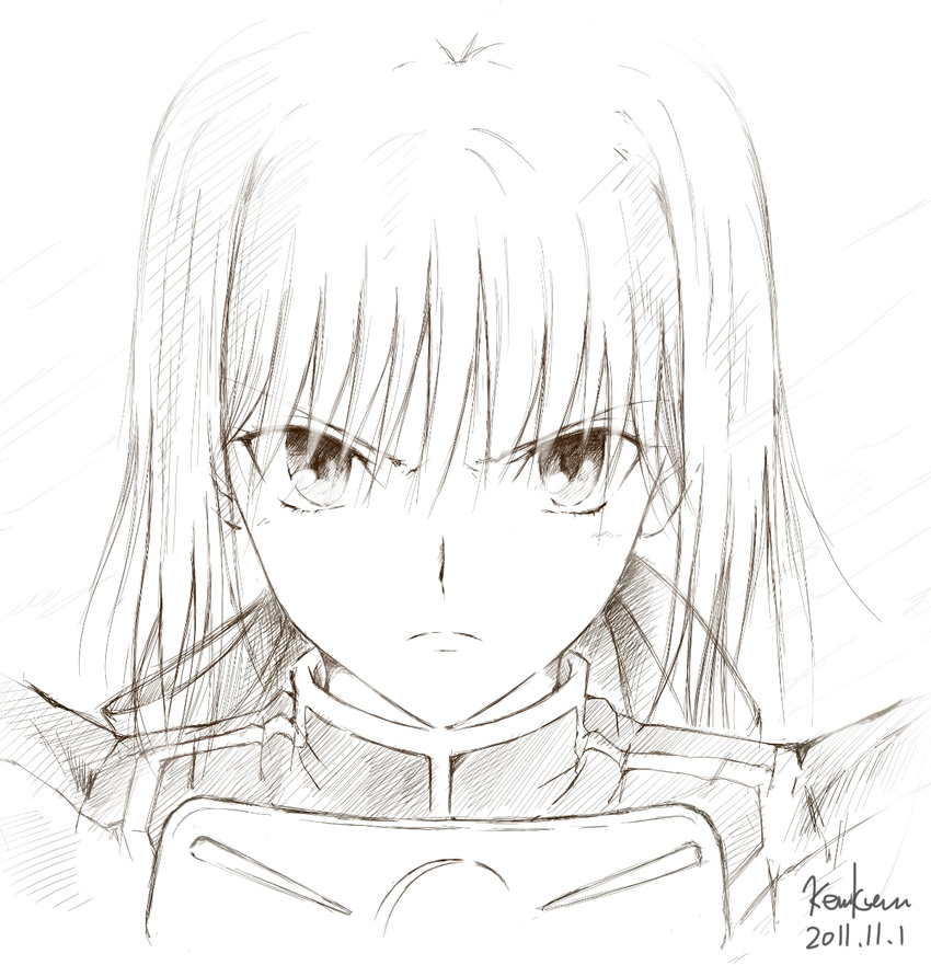 2011 armor artoria_pendragon_(all) dated fate/stay_night fate_(series) frown highres kem_kem monochrome saber signature sketch sketching solo