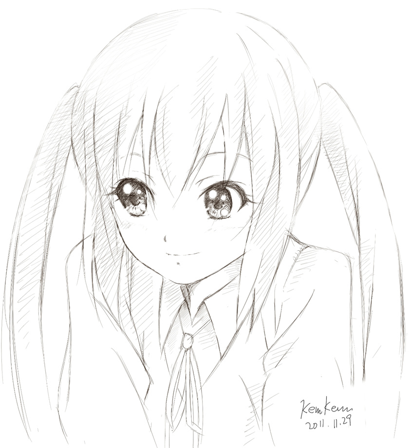 2011 dated highres k-on! kem_kem monochrome nakano_azusa signature smile solo