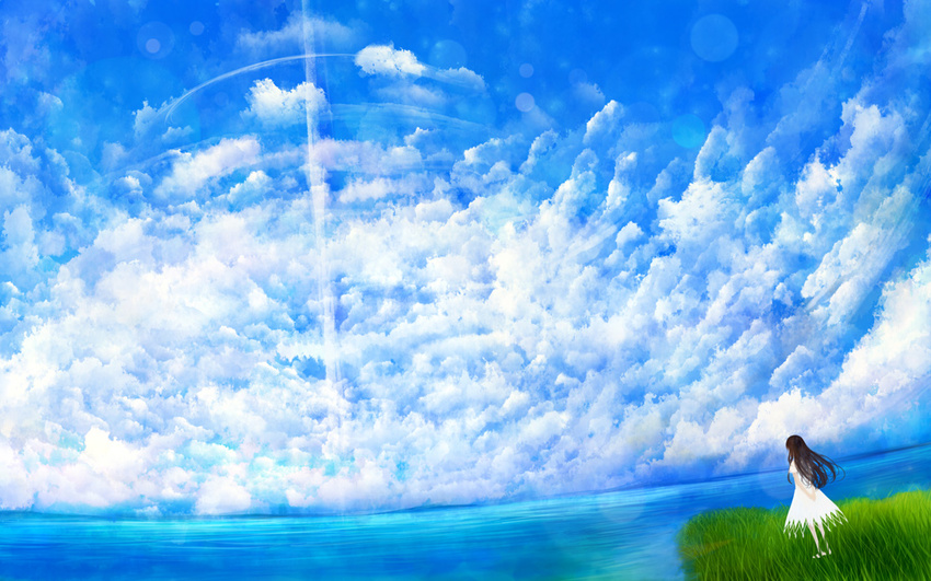 black_hair cloud day dress dutch_angle from_behind geyser grass long_hair ocean original sakimori_(hououbds) scenery sky solo water