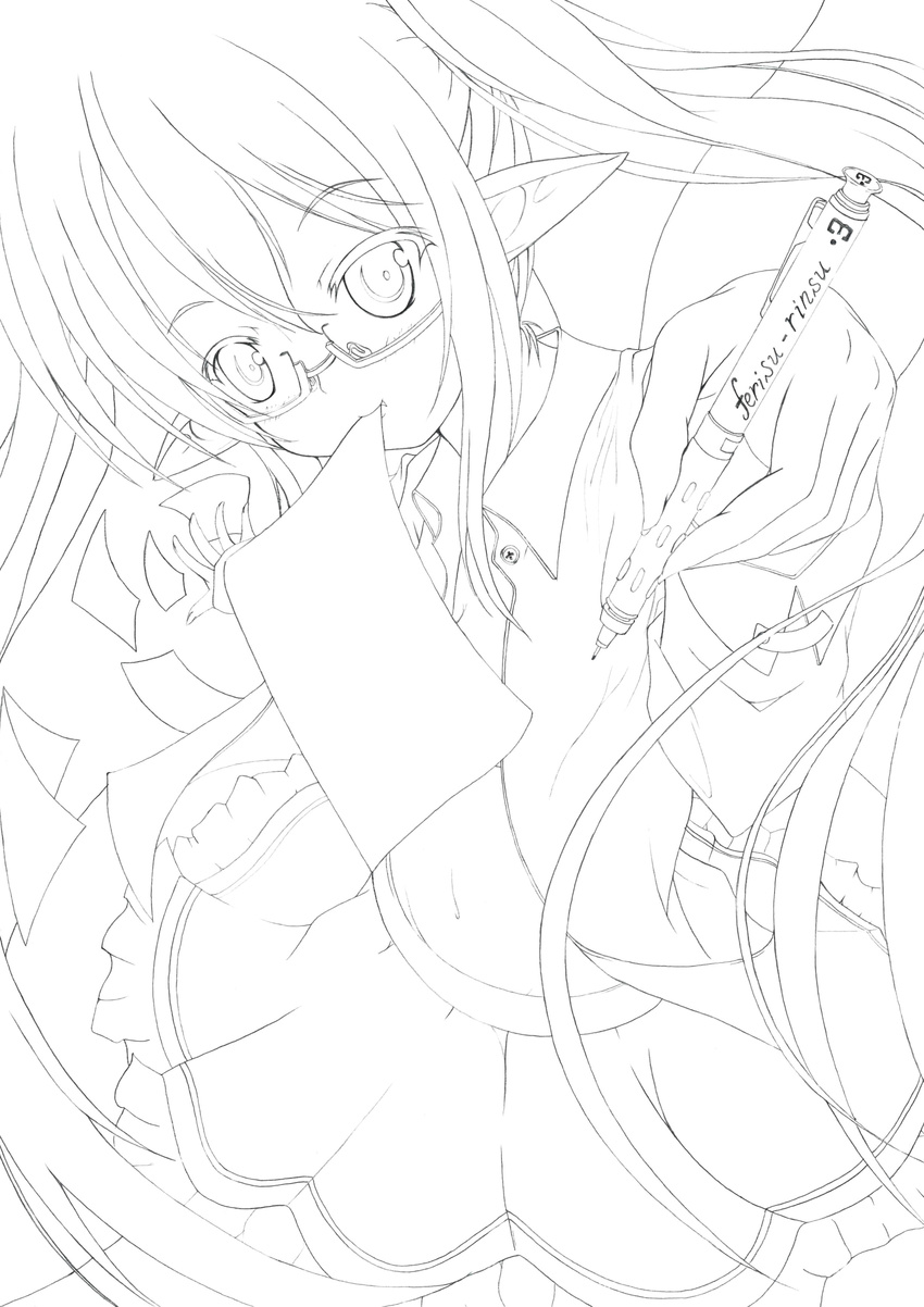absurdres glasses greyscale highres lineart long_hair monochrome mouth_hold original pointy_ears rinsu solo