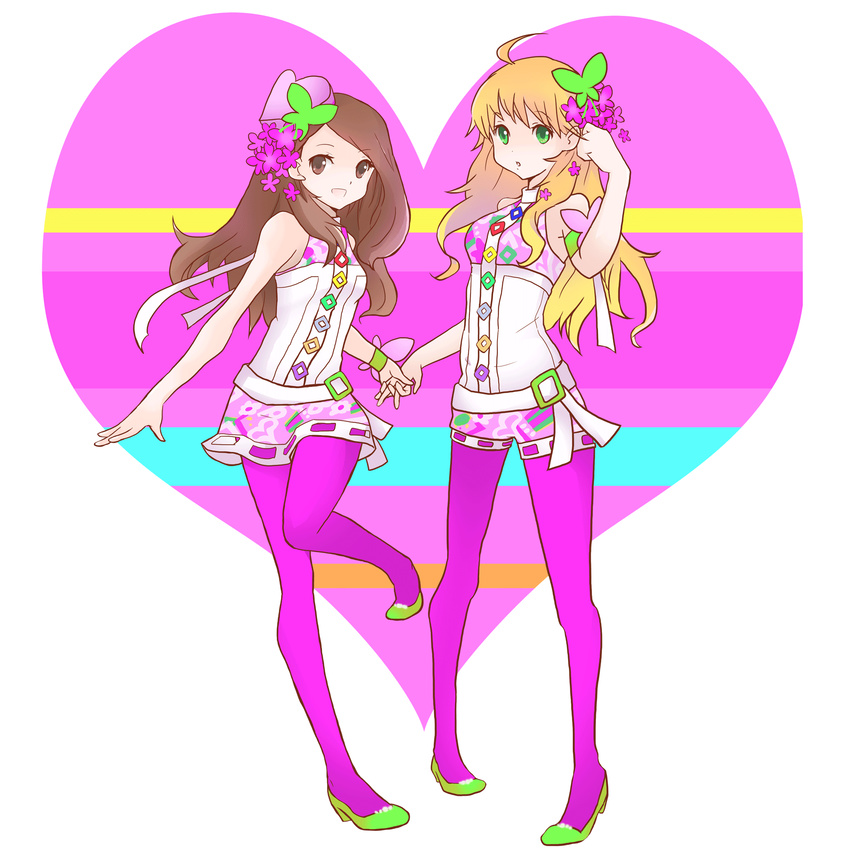 ahoge blonde_hair brown_hair heart high_heels highres hoshii_miki idolmaster idolmaster_(classic) minase_iori multiple_girls pantyhose pink_legwear princess_melody_(idolmaster) shoes yayakoshiya