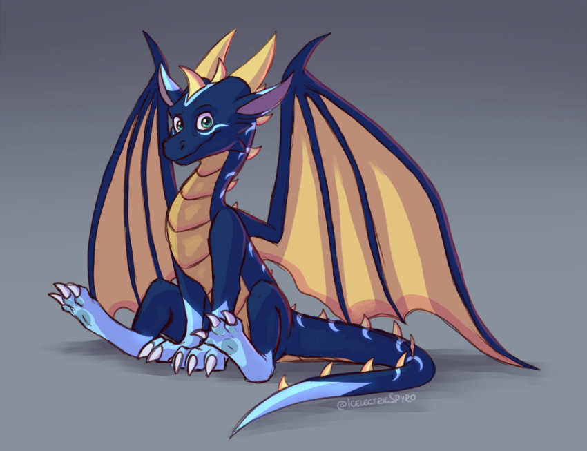 blue_eyes claws digital_media_(artwork) dragon feral horn icelectricspyro membranous_wings scalie sitting smile solo spines western_dragon wings