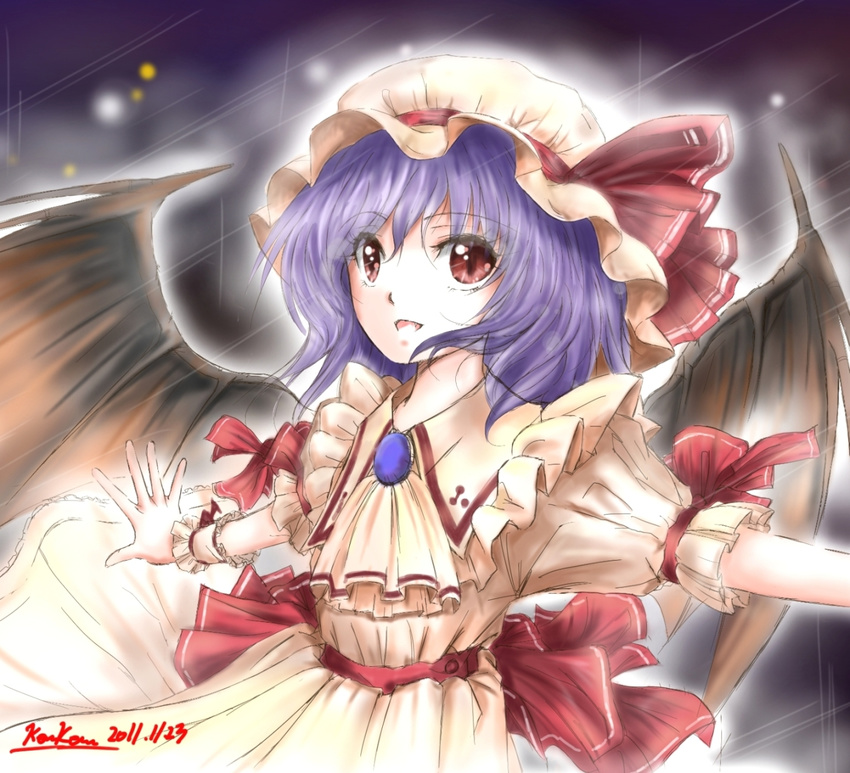 dated hat highres kem_kem purple_hair red_eyes remilia_scarlet signature solo touhou wings wrist_cuffs