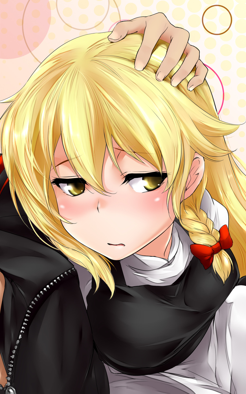 1girl bangs blonde_hair blush bow braid breasts close-up embarrassed face hair_bow hair_ribbon hand_on_another's_head hetero highres k2isu kirisame_marisa large_breasts long_hair no_hat no_headwear ribbon side_braid simple_background single_braid solo_focus touhou