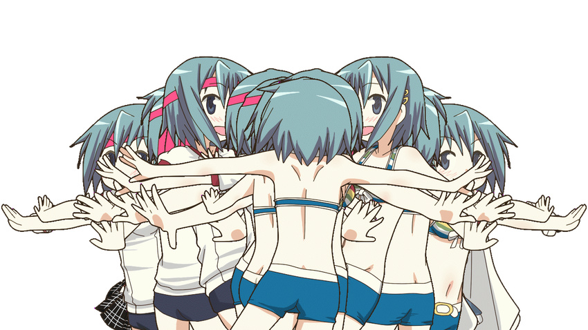 alternate_costume blue_eyes blue_hair blush buruma cape gym_uniform hair_ornament hairclip hangaku magical_girl mahou_shoujo_madoka_magica miki_sayaka recurring_image school_uniform serafuku solo spinning swimsuit transparent_background