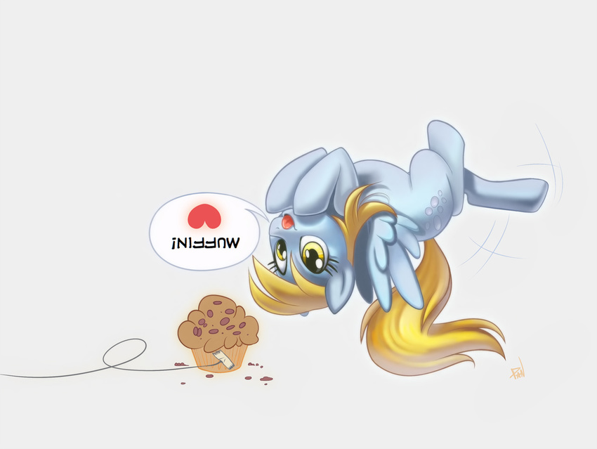 &hearts; &lt;3 blonde_hair blue blue_body cutie_mark derpy_(mlp) derpy_hooves_(mlp) english_text equine female feral flying food friendship_is_magic hair ipan long_hair mammal muffin my_little_pony pegasus plain_background solo tail text tongue tongue_out trap upside_down wings yellow_eyes