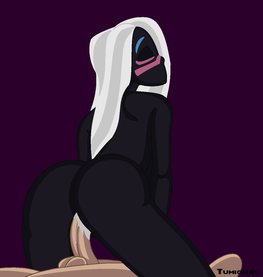 anus balls black_skin cowgirl_position eyes_closed female hair long_hair male on_top penetration penis purple_background queen_tyr'ahnee queen_tyr'ahnee sex straddle straddling straight tumiohax vaginal vaginal_penetration white_hair