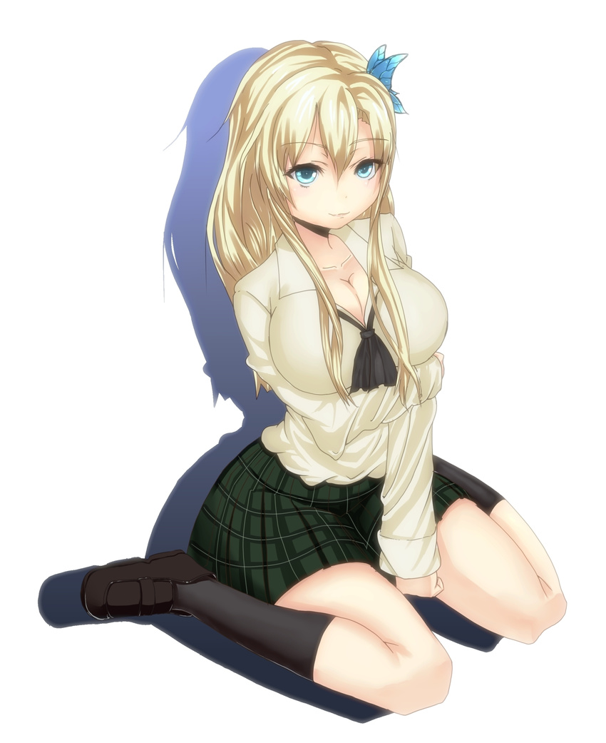 between_legs blonde_hair blue_eyes boku_wa_tomodachi_ga_sukunai breast_hold breasts butterfly_hair_ornament cleavage drop_shadow hair_ornament hand_between_legs highres kashiwazaki_sena large_breasts long_hair plaid plaid_skirt pleated_skirt school_uniform shadow shirogane_(seemee) sitting skirt smile solo st._chronica_academy_uniform wariza white_background