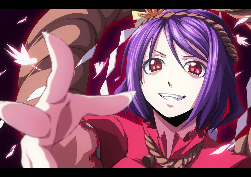 anime_coloring bad_id bad_pixiv_id bisuke_(k_step2009) blurry depth_of_field foreshortening grin leaf letterboxed looking_at_viewer outstretched_hand purple_hair red_eyes rope shimenawa short_hair slit_pupils smile solo touhou yasaka_kanako