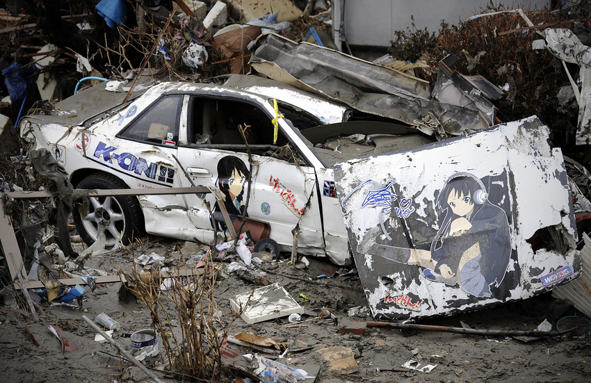 2011_sendai_earthquake_and_tsunami akiyama_mio bad_end car ground_vehicle itasha k-on! motor_vehicle no_humans philippe_lopez_(photographer) photo