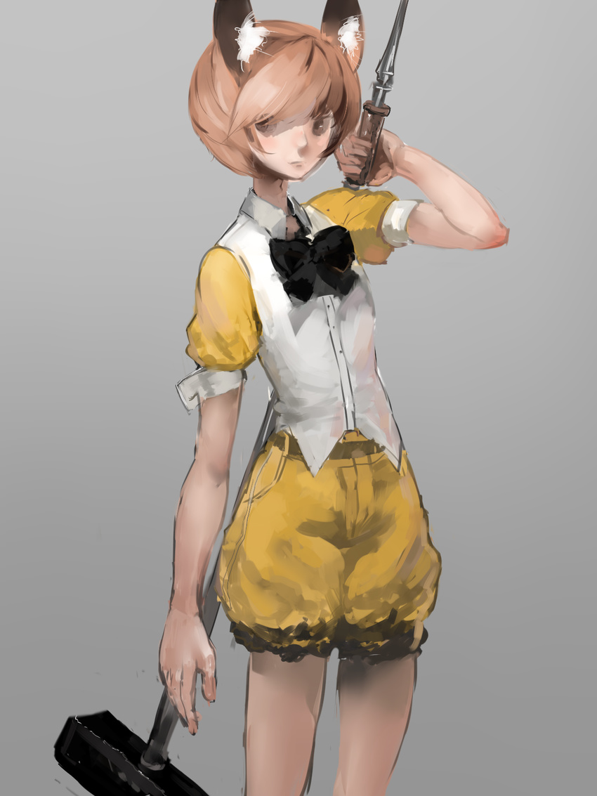 animal_ears arm_up bangs belt bob_cut bow bowtie brown_eyes brown_hair hammer highres holding mouse_ears original puffy_sleeves pumpkin_pants ryuukeichi_andromeda short_hair short_sleeves shorts simple_background solo swept_bangs weapon