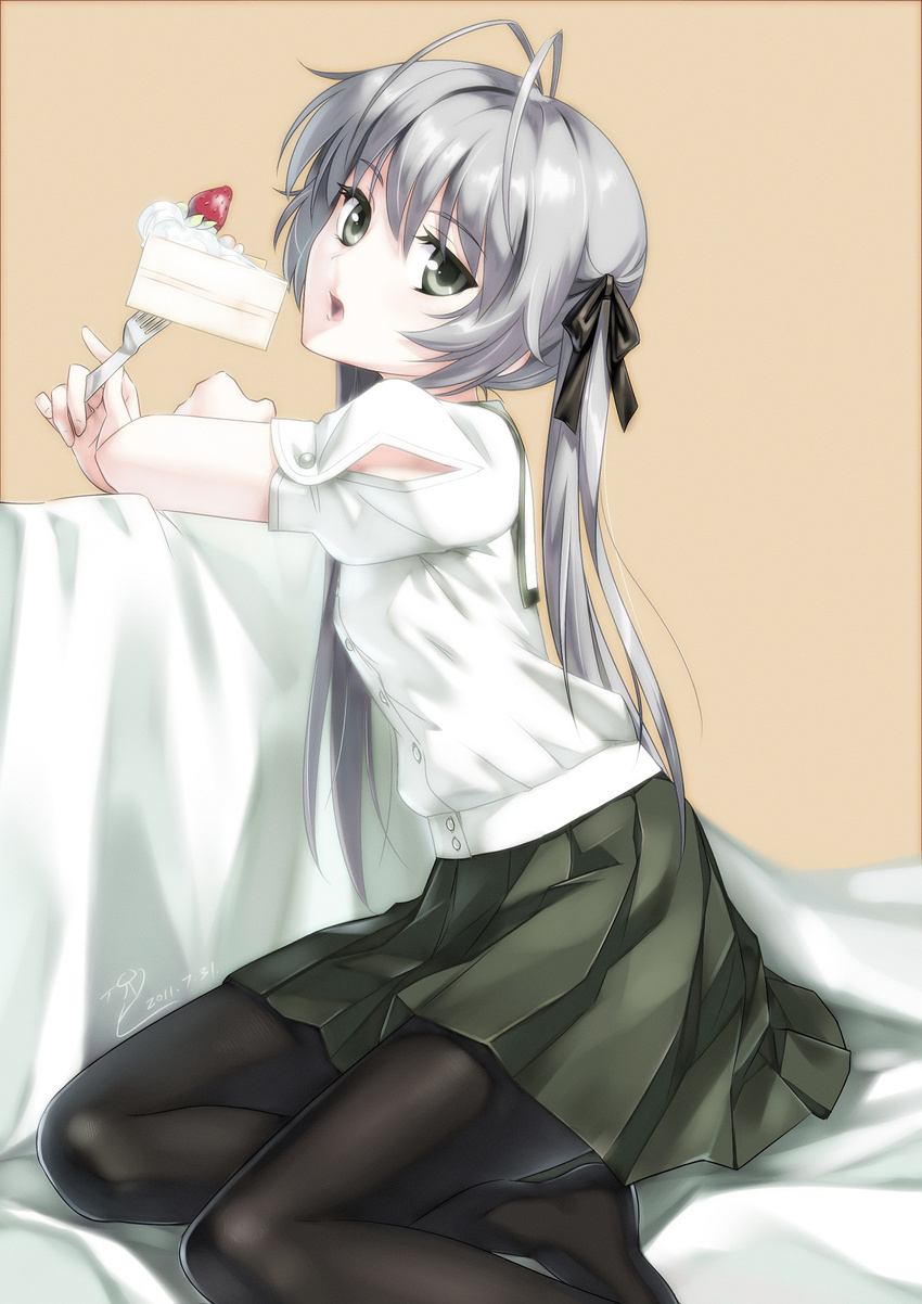 antenna_hair black_legwear black_ribbon bloom cake eating food fork green_eyes hair_ribbon highres holding holding_fork kasugano_sora legs long_hair looking_at_viewer open_mouth pantyhose ribbon sakyuu_(flandis) school_uniform serafuku signature silver_hair sitting solo strawberry_shortcake twintails yosuga_no_sora