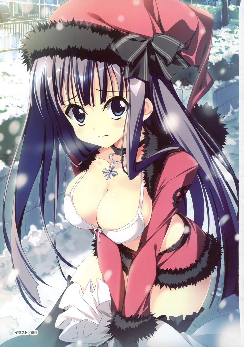 absurdres bikini_top black_legwear blue_eyes breasts christmas cleavage cropped_jacket frown fur_trim grey_eyes hat highres jewelry large_breasts leaning_forward long_hair miniskirt motoyon necklace original sack santa_costume santa_hat skirt snow solo thighhighs