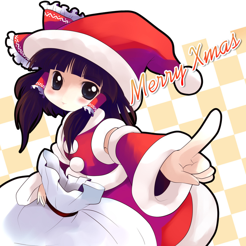 bow brown_eyes brown_hair chibi christmas detached_sleeves hair_bow hair_tubes hakurei_reimu hat highres ribbon sack santa_costume santa_hat solo touhou yume_shokunin