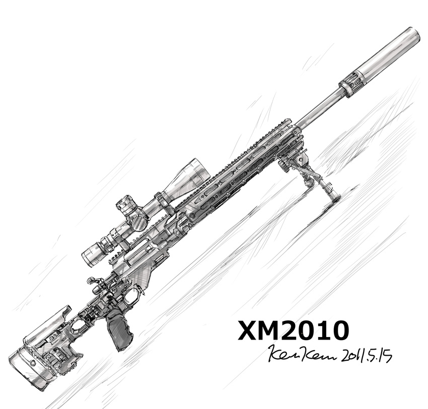 copyright_request dated gun highres kem_kem monochrome no_humans rifle scope signature sketch sniper_rifle suppressor weapon xm2010