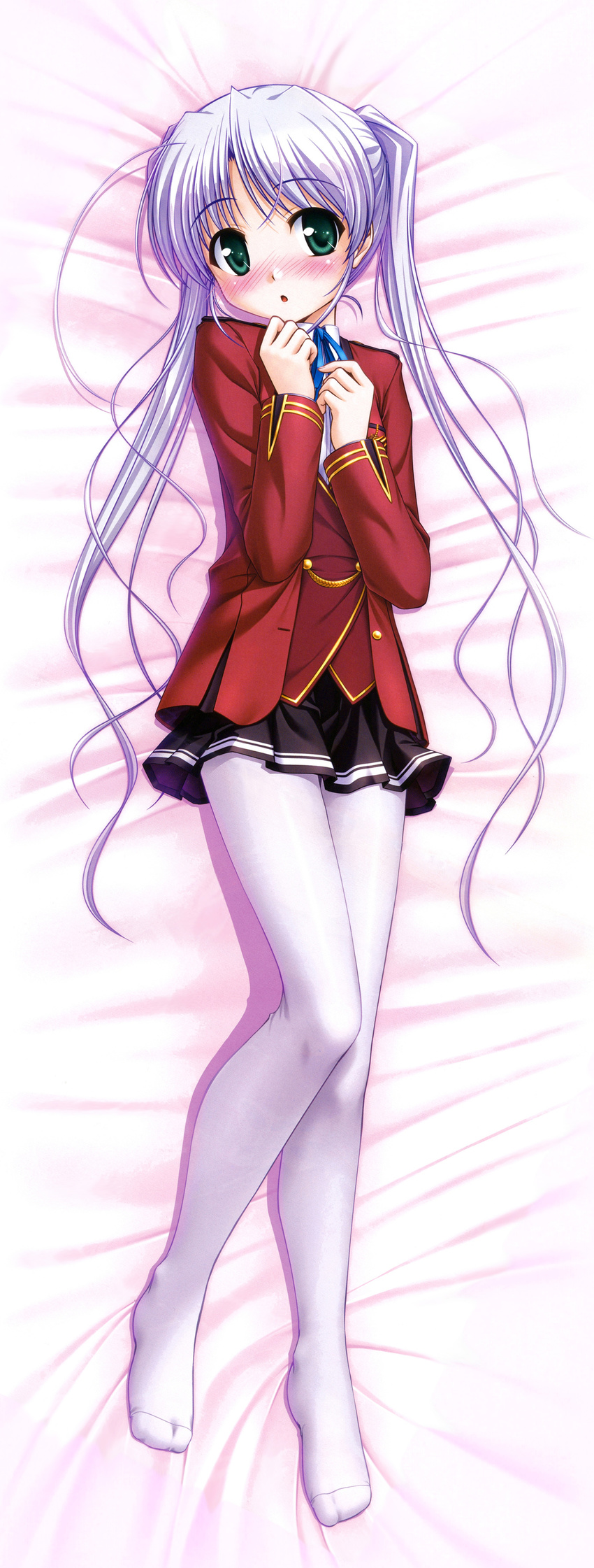 absurdres bekkankou blazer blush dakimakura fortune_arterial full_body green_eyes highres jacket long_hair lying pantyhose purple_hair school_uniform shuuchikan_academy_uniform skirt solo tougi_shiro twintails very_long_hair