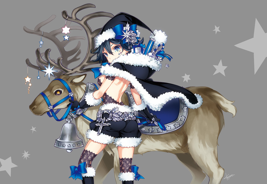 antlers ass back bell black_hair black_santa_costume blue_eyes boots bow breasts candy candy_cane capelet christmas cross elbow_gloves facial_mark food from_behind gift gloves hat hood hood_basket hood_down kayou_(kayou-bi) lace looking_back medium_breasts original reindeer saddle santa_costume short_hair solo star star-shaped_pupils symbol-shaped_pupils thighhighs witch_hat