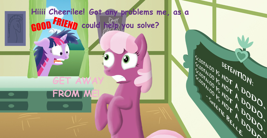 cheerilee_(mlp) dialog dialogue equine female feral friendship_is_magic horn horse insane lesson_zero mammal message my_little_pony pony scramjet747 text twilight_sparkle_(mlp) unicorn window