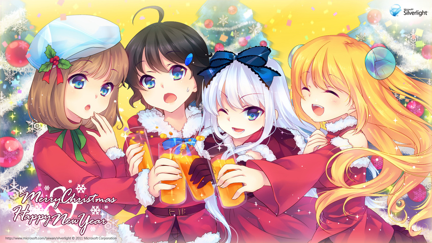 :d :o ;d ahoge aizawa_aoi aizawa_hikaru aizawa_rei aizawa_yuu_(microsoft) belt beret black_hair blonde_hair blue_eyes bow brown_hair christmas_tree closed_eyes glass hair_bow hair_ornament hair_ribbon happy_new_year hat highres merry_christmas microsoft multiple_girls new_year official_art one_eye_closed open_mouth ribbon shinia short_hair silver_hair silverlight smile sweat toast_(gesture) two_side_up wallpaper