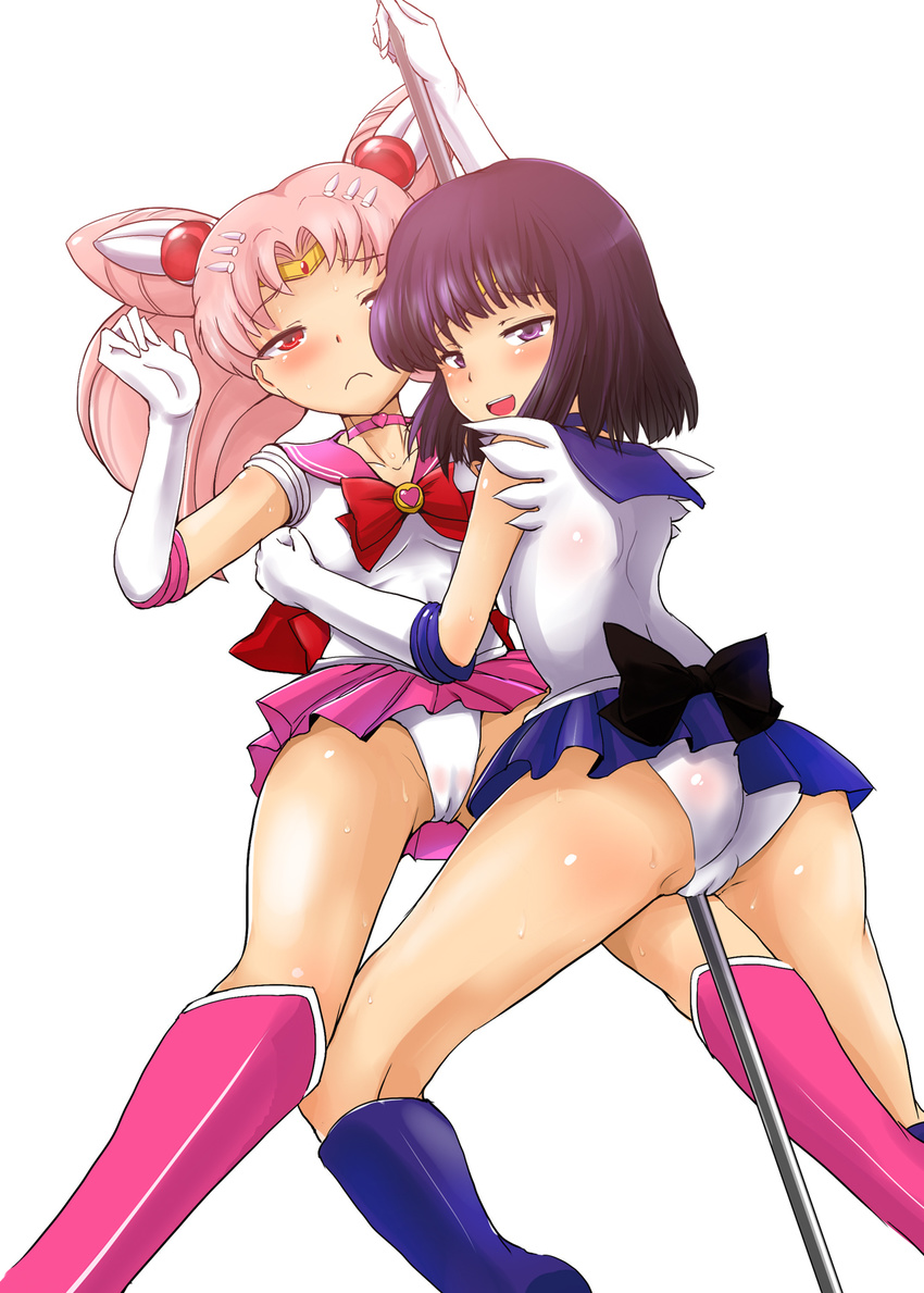 back_bow bad_id bad_pixiv_id bishoujo_senshi_sailor_moon black_bow blush boots bow cameltoe chibi_usa choker diadem gloves heart heart_choker highres holding holding_staff jack_(jackdou) knee_boots looking_at_viewer magical_girl multiple_girls naughty_face open_mouth panties pink_choker pink_footwear pink_hair pink_sailor_collar pole pole_dancing purple_eyes purple_footwear purple_sailor_collar purple_skirt red_eyes sailor_chibi_moon sailor_collar sailor_saturn sailor_senshi_uniform shiny shiny_skin skirt staff stripper_pole sweat tomoe_hotaru twintails underwear white_background white_gloves white_panties yuri