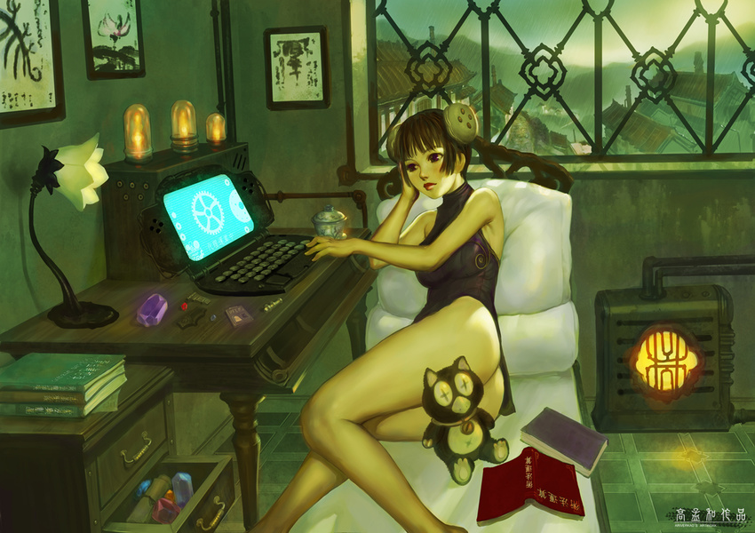architecture ariverkao arm_support bare_legs bare_shoulders black_hair book china_dress chinese_clothes computer crystal desk dress east_asian_architecture lamp legs original rain short_hair solo steampunk stuffed_animal stuffed_toy window
